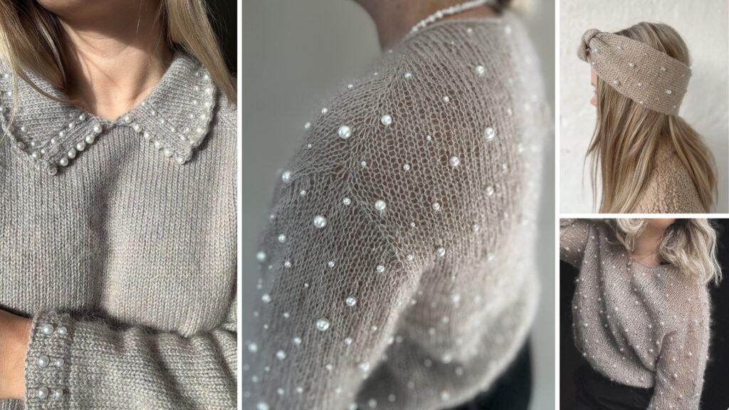 Nærbilder av strikkede plagg med innstrikkede perler. Genser og pannebånd i mohair og ullgarn, dekorert med hvite perler, viser ulike måter å bruke perler i strikk på.