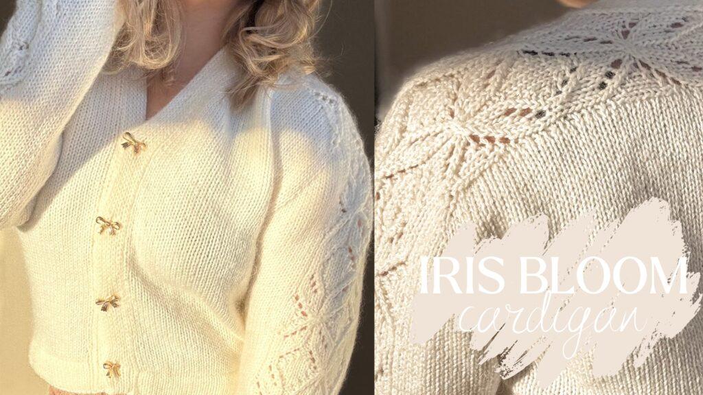 Nærbilde av den lyse Iris Bloom Cardigan, en feminin strikkejakke med strukturmønster over skuldre og ermer, glattstrikket bol og dobbelstrikket knappestolpe med dekorative gullsløyfeknapper. Jakken strikkes ovenfra og ned, helt uten montering.