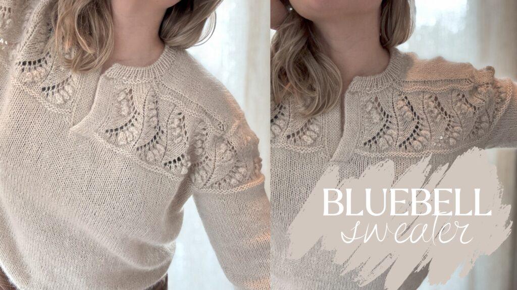 Nærbilde av Bluebell Sweater, en lett og feminin genser med glattstrikket bol og dekorativ bærestykke med strukturmønster og popcornmasker. Genseren har v-hals og er strikket i en lys, melert ullblanding som gir et mykt og eksklusivt uttrykk.