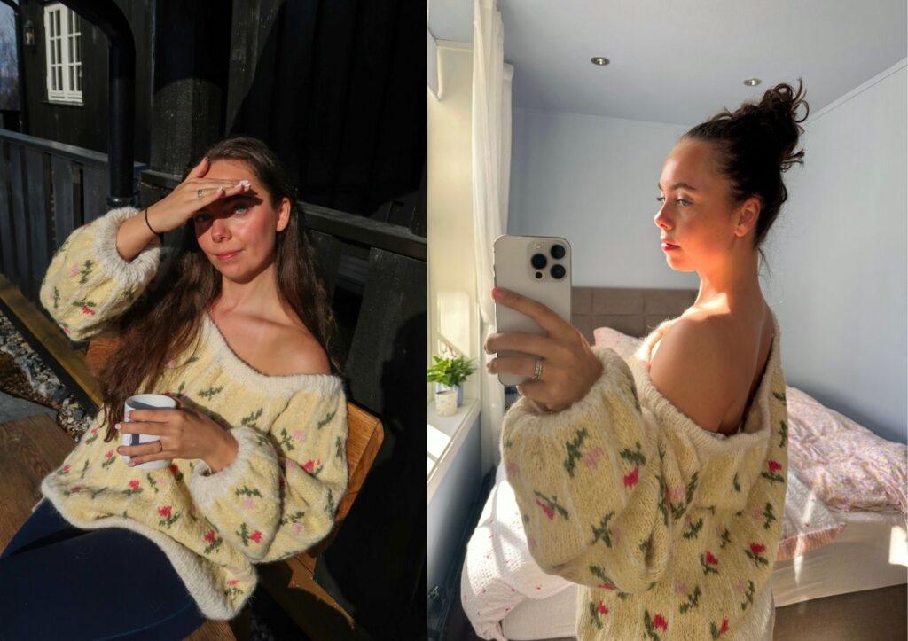 To bilder av samme kvinne iført en gul Blomsterenggenser med broderte blomster i rosa, rødt og grønt. Til venstre sitter hun ute i solen med en kopp i hånden, iført en off-shoulder-stylet versjon av genseren. Til høyre tar hun en selfie innendørs i et mykt ettermiddagslys, med håret i topp og skuldrene synlige. Genserens luftige og feminine uttrykk fremheves av det lyse garnet og blomstermotivet, inspirert av blomsterenger.