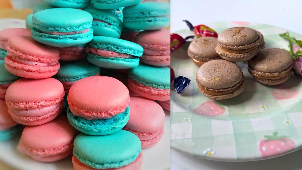 To varianter av hjemmebakte makroner: rosa og turkise makroner med rosa smørkremfyll, og sjokoladefargede makroner fylt med Dumle-krem. Bildet viser forskjellig farge, tekstur og fyll, og fremhever variasjonsmuligheter.