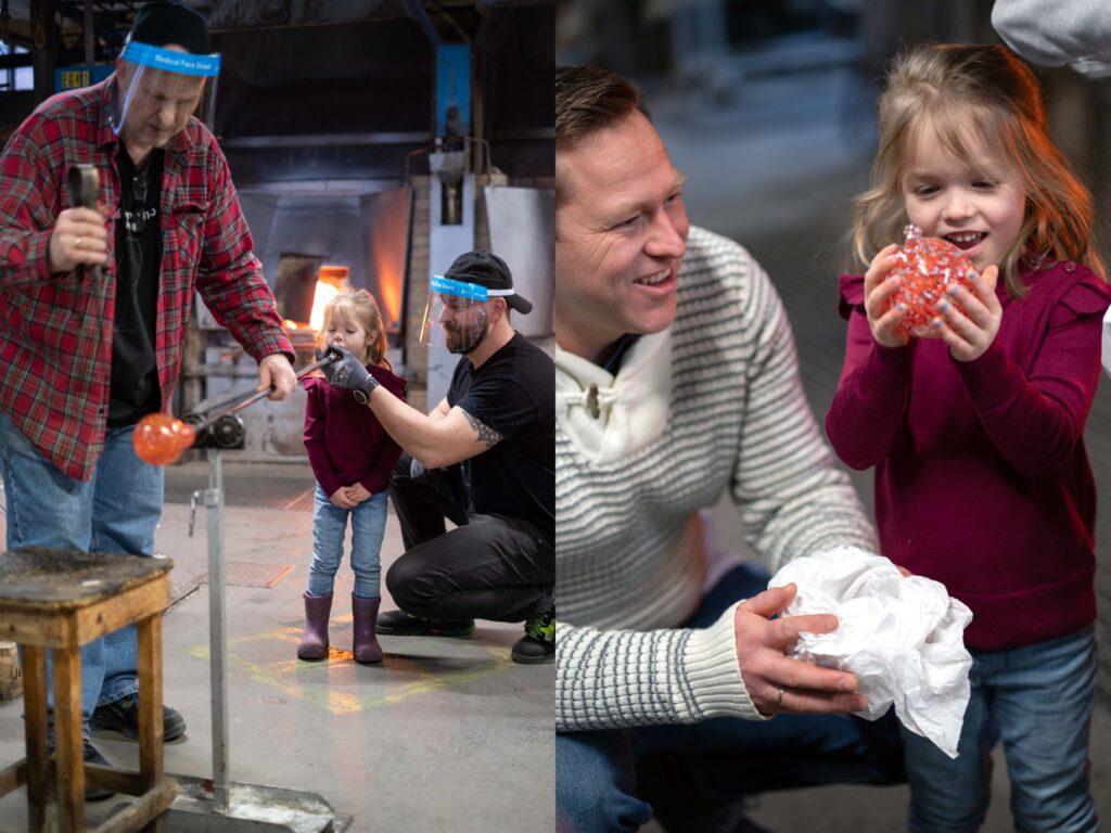 Voksen og barn støper glasskule på Hadeland Glassverk utenfor Oslo.