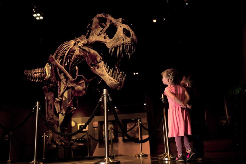 Bilde av Dinosaur og barn på Naturhistorisk Museum i Oslo.
