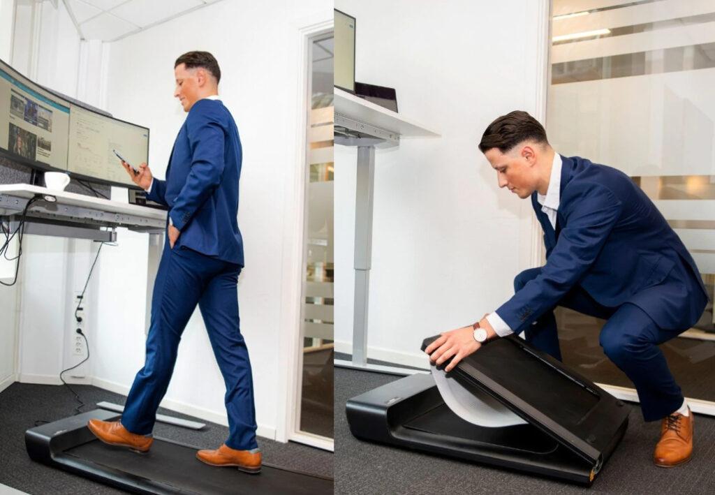 Bilde av forretningsmann som. går på en liten, sammenleggbar tredemølle (Xiaomi walkingpad a1 pro) i dress og ved kontorpulten på jobb. 