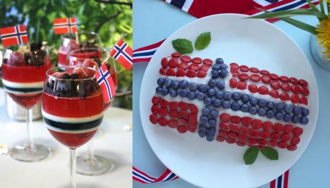 Bilde av gele og kake på bord og tallerken i fargene rødt, hvitt og blått til 17. mai.