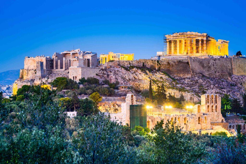 acropolis I Athen oversiktsbilde på kveldstid