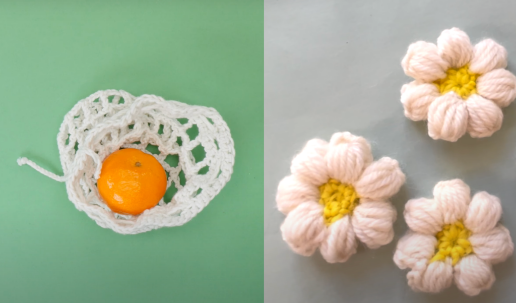 Bilde av to enkle hekleoppskrifter for nybegynnere. Venstre: Bilde av mandarin i hvitt frukt- eller handlenett. Høyre: Heklede blomster med hvit e blader og gult senter. 