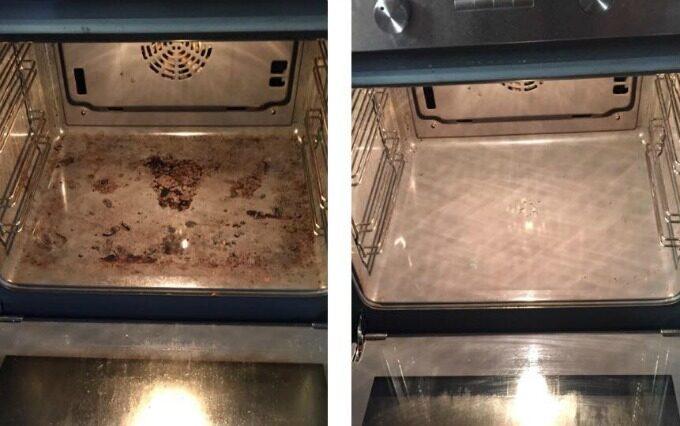 Før og etterbilde av en vasket og rengjort ovn. Venstre: Skitten ovn. Høye: Rengjort.