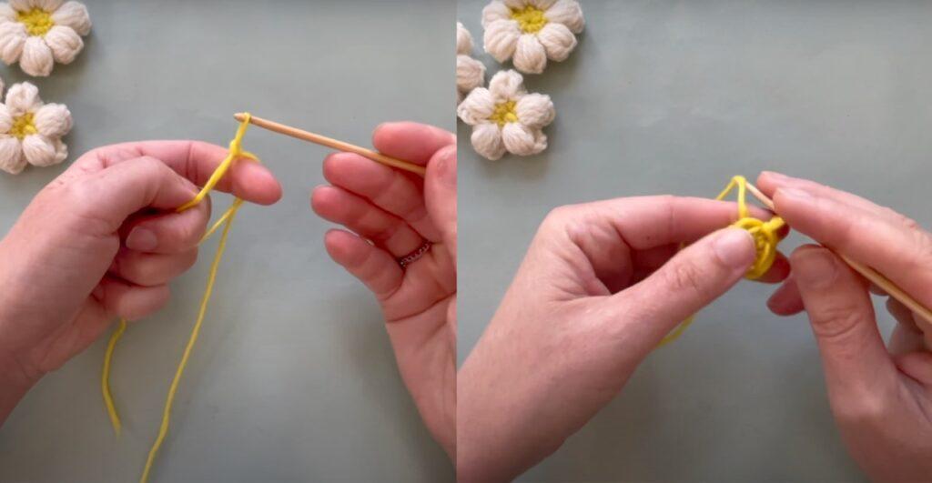2 bilder av hender som hekler blomster i gul og hvit. 
