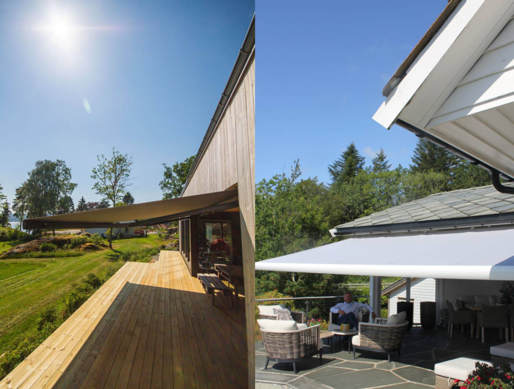 2 bilder av terrassemarkiser med platting og terrasse under. Begge i solskinn og med hagemøbler, samt en mann. 