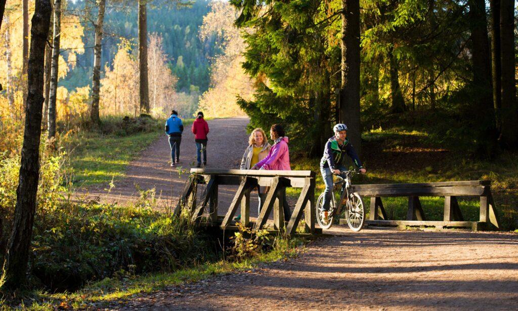 Songsvann utenfor Oslo med person på sykkel, to damer på bro som snakker, grusvei, trær og gress i solskinn.