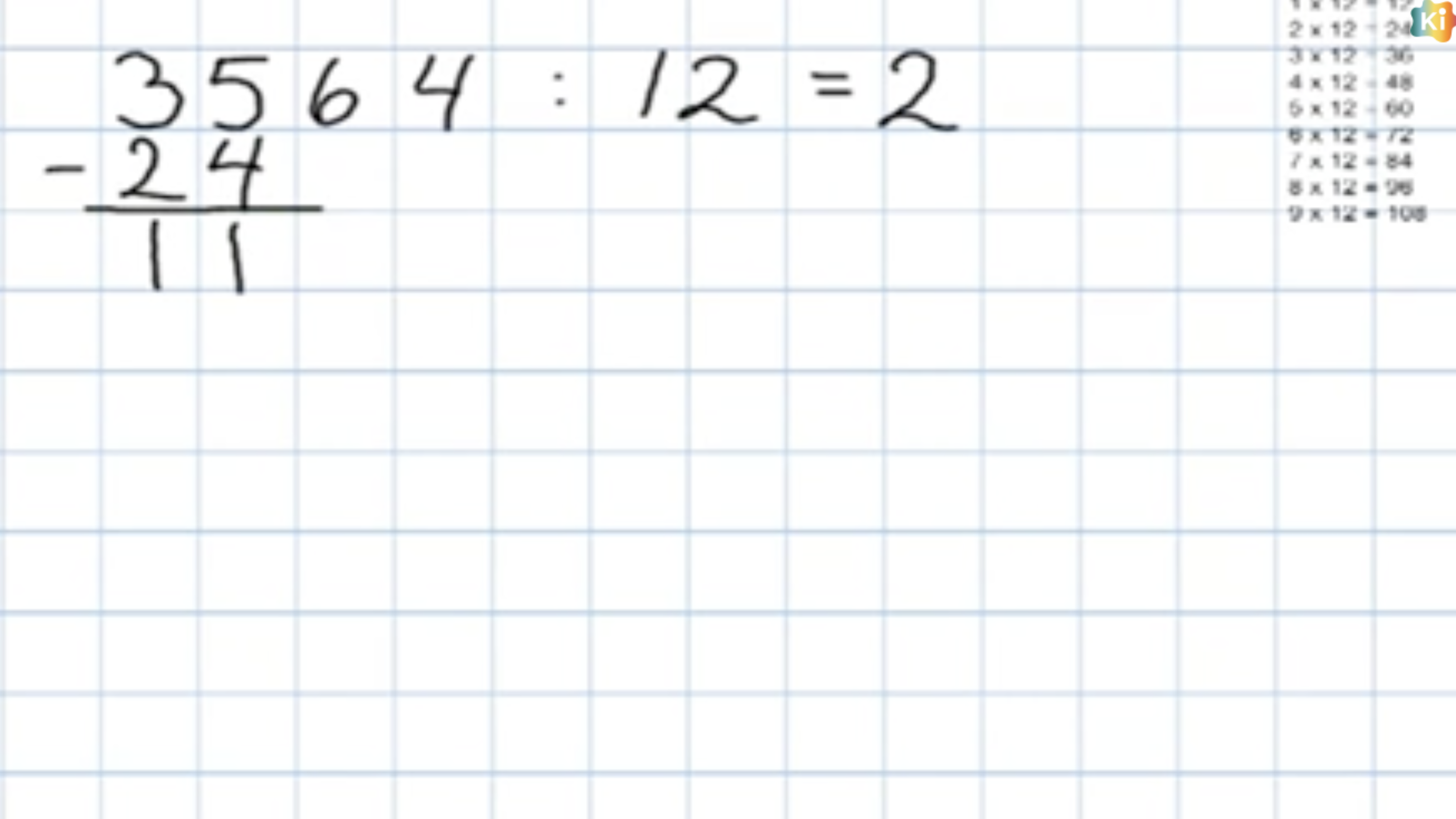 Divisjon: Bilde av regnestykket 3564 : 12, lær å dele med store tall - uten kalkulator.
