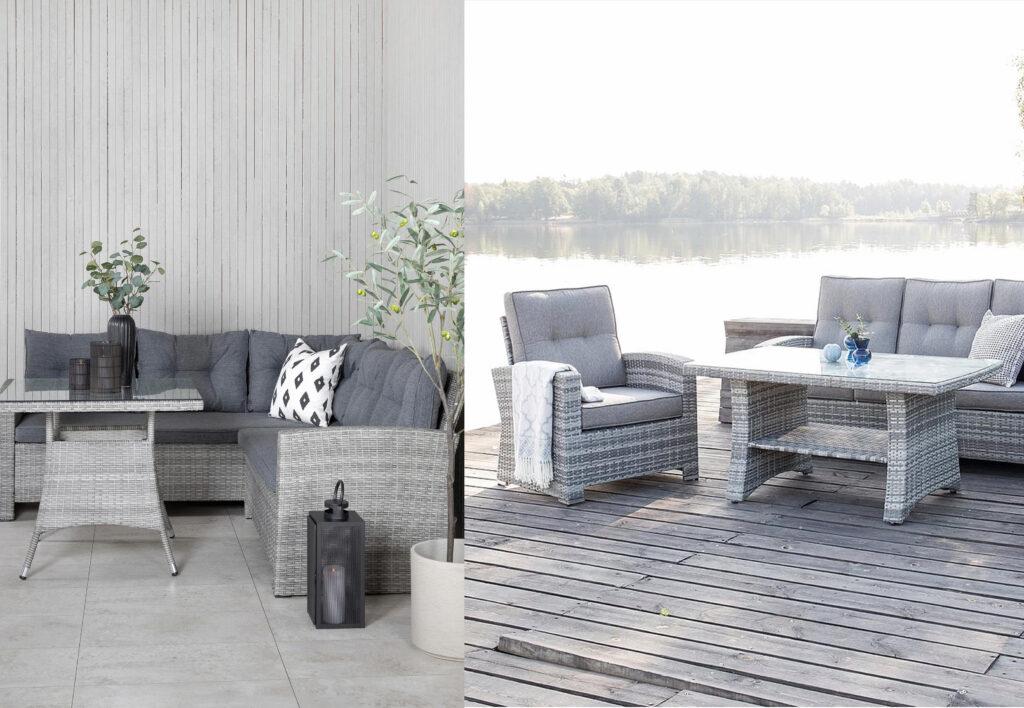 Bilde av to typer hagemøbler av typen loungemøbler i rotting. Begge i grå/beige med grå puter.