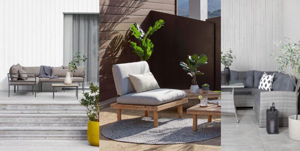 Hagemobler: loungemøbler i tre, aluminium og rotting.