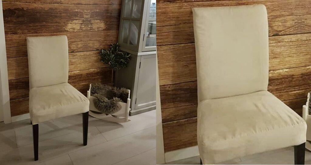 Før-bilde av beige ikea-stoler som ble fornyet med nytt trekk, knapper og flotte detaljer.