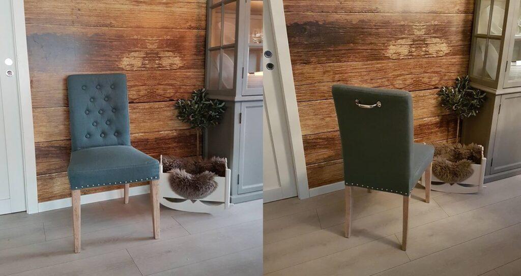 Etterbilde av ikea-stoler som ble fornyet med nytt trekk, knapper og flotte detaljer.