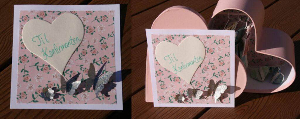Konfirmasjon: kreativ konfirmasjonsgave rosa hjerteboks med blomstermønster og flott kort med sommerfugler.