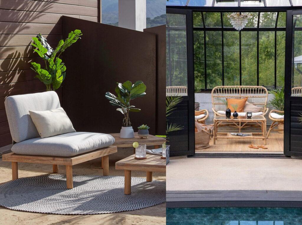 Bilde av to typer loungemøbler i tre på uteområder. Venstre: enkelt og minimalistisk. Høyre: Hagemøbler med detaljer av tre.