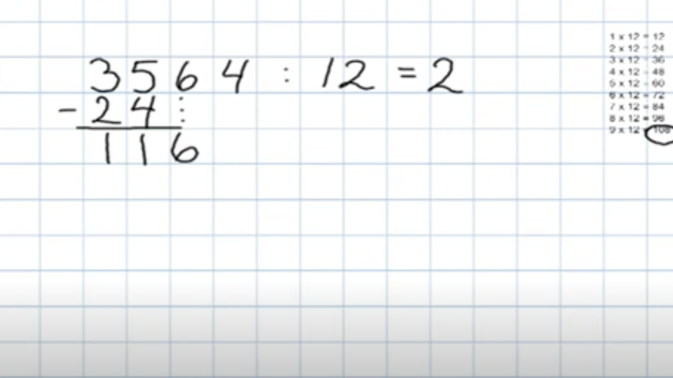 Divisjon: Bilde med utregning av regnestykket 3564 : 12, lær å dele med store tall - uten kalkulator.