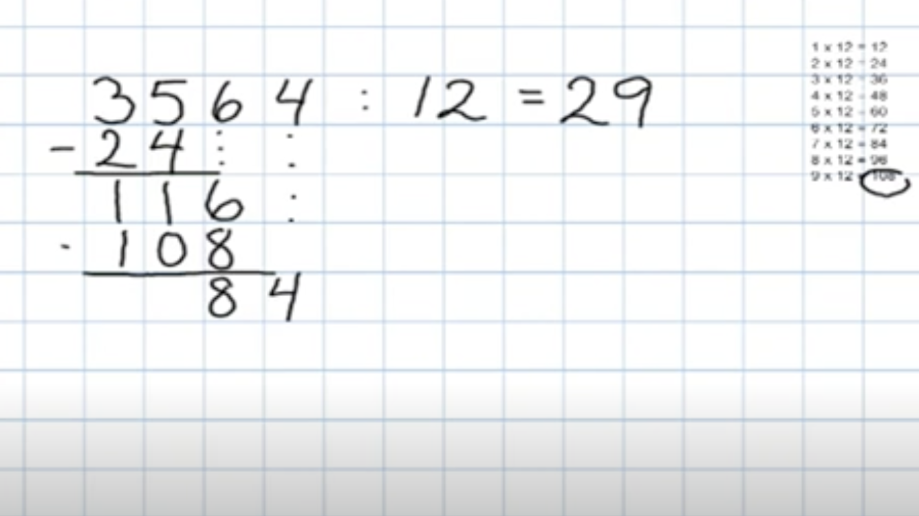Divisjon: Bilde med utregning av regnestykket 3564 : 12, lær å dele med store tall - uten kalkulator.