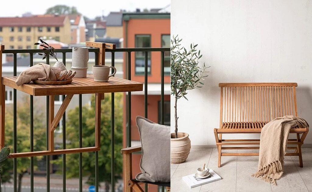 2 bilder av balkongmøbler og hagemøbler til balkong, veranda og små uteplasser. Begge i tre: teak, og sammenleggbare.
