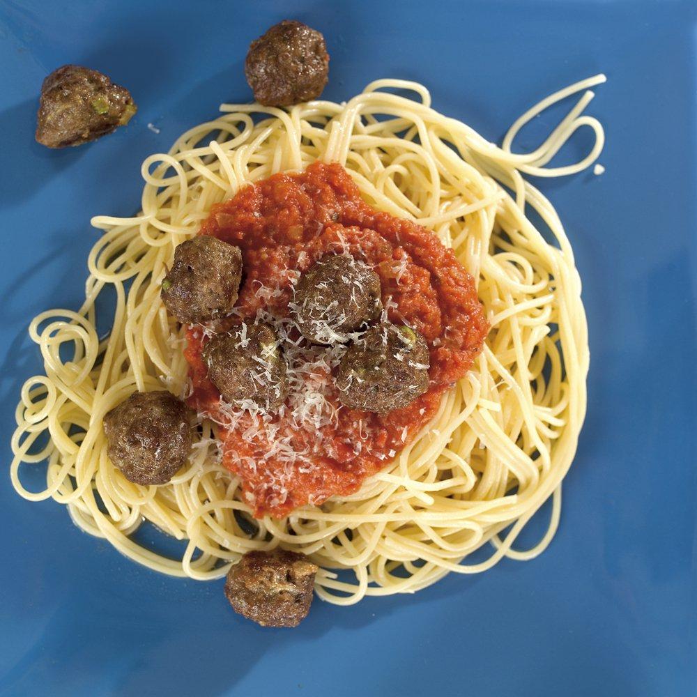 Ukesmeny: 7 middagstips fra Fru timian. Her avbildet: Spaghetti med kjøttboller i tomatsaus