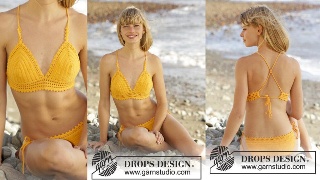 Kvinne i gul heklet bikini fra Drops garn.