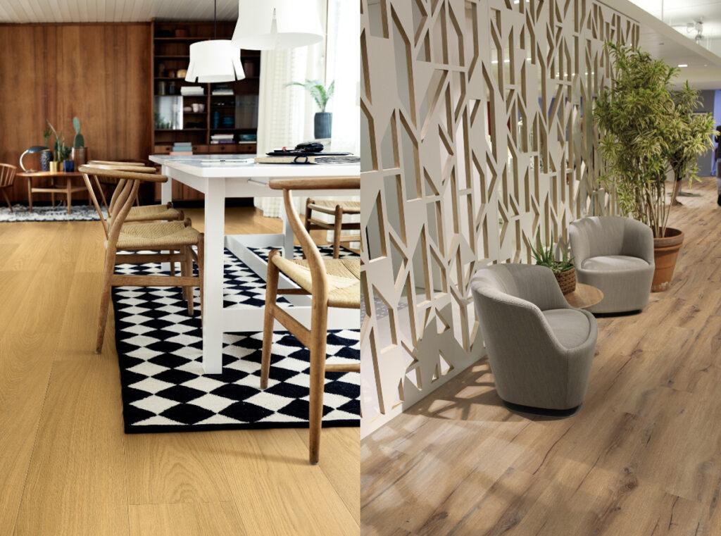 Hvordan velge gulv: 2 bilder av gulv i forskjellige rom. Venstre: Laminat- Høyre: Klikk-vinyl. 