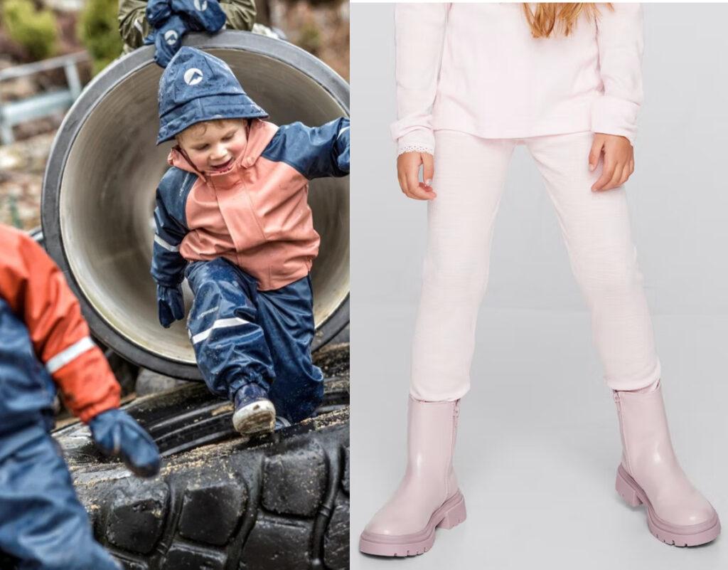 Klær til barnehage og skole: Bilde av barn i regnklær som leker ute og jente i rosa ullundertøy med rosa støvler.