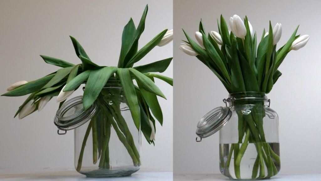Hvite tulipaner i vase. En bukett der tulipanene henger med hodet, og en bukett der tulipanene er rette.