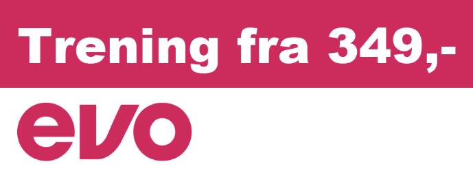 Bilde av logoen til EVO treningssenter. logoen er rosa og koster 349 kroner i måneden.