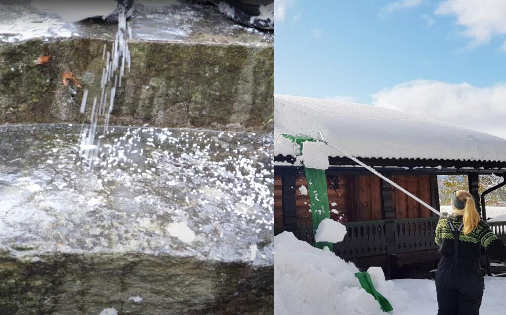 2 bilder av genial snøfjerning. venstre: en issmelter som strøs på is i en trapp. Høyre: En genial snømåke til tak.