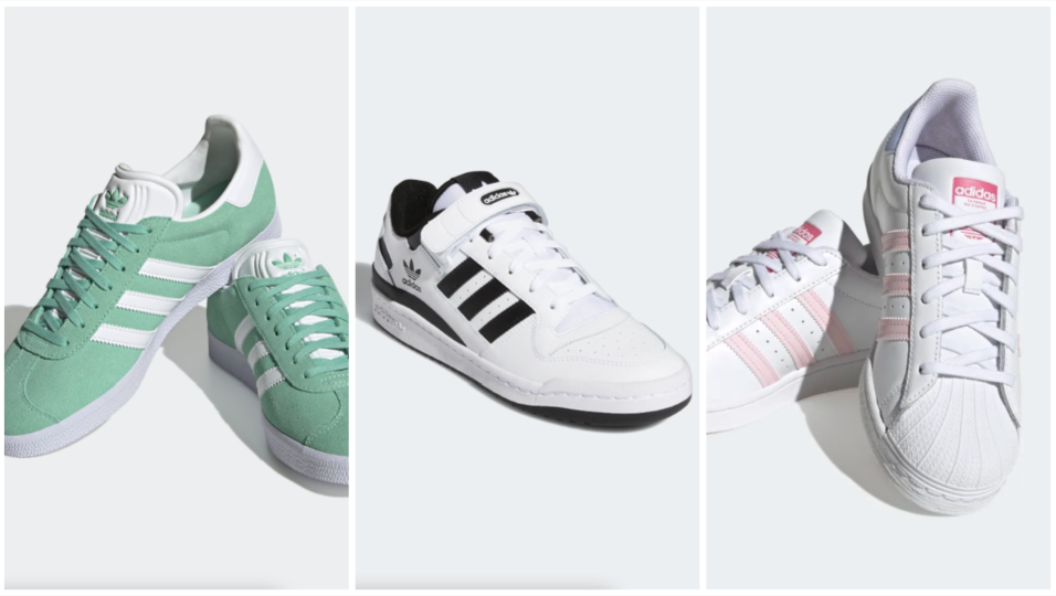Bilde av tre populære adidas-sko. På bildet ser du sneakersene Adidas Gazelle, Adidas Forum og Adidas Superstar.