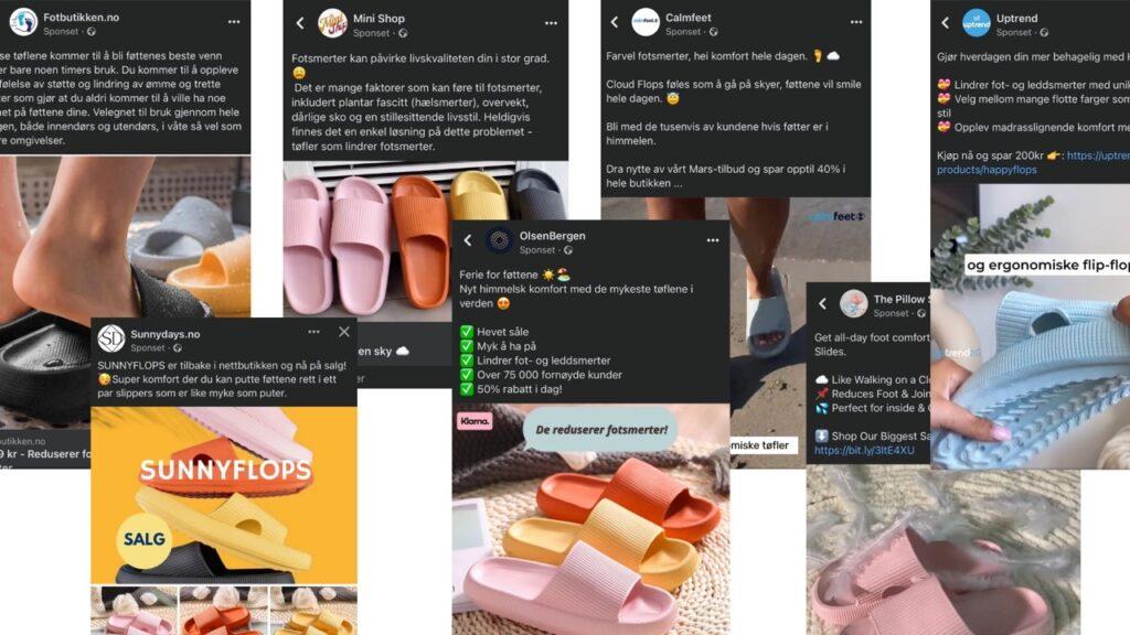 Kollasj med skjermbilder av sju facebook-poster av forskjellige distributører av Happyflops-lignende sko.  Fotterapeutene, Henriette Aanesen og Terje Haugaa, advarer mot skoen. 