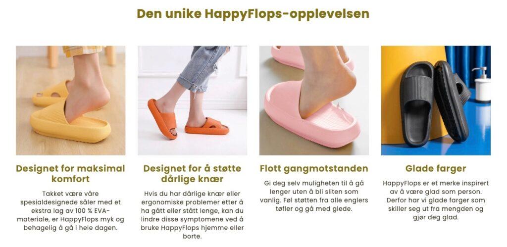 Skjermbilde fra Happyflops sin nettside hvor det er bilde av fire Happyflops i fargene gul, orange, rosa og svart. De skriver at skoen lindrer fotsmerte og er bra for leddene. Fotterapeutene, Henriette Aanesen og Terje Haugaa, advarer mot skoen.
