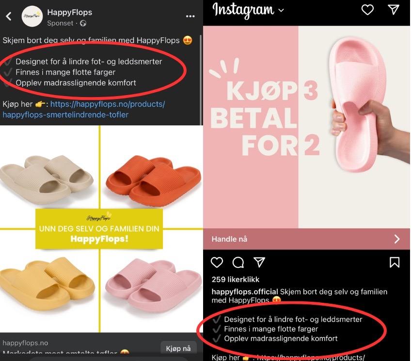 Skjermbilde av markedføringen til Happyflops på sosiale medier som Facebook og Instagram hvor de påstår at skoen er med på å lindre smerte.