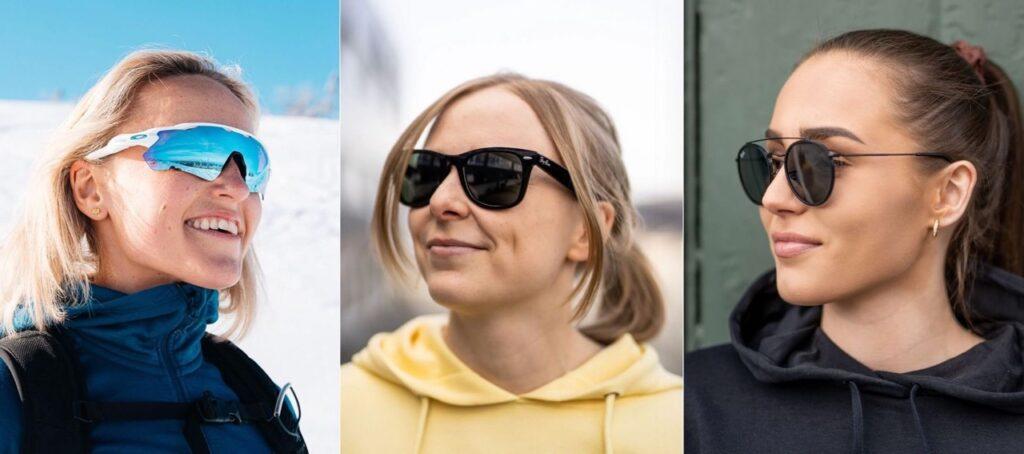 Tre bilder satt sammen til et bilde. alle bildene er av smilende damer med forskjellige solbriller. Vi har samlet en rekke solbriller til damer som følger årets trender.