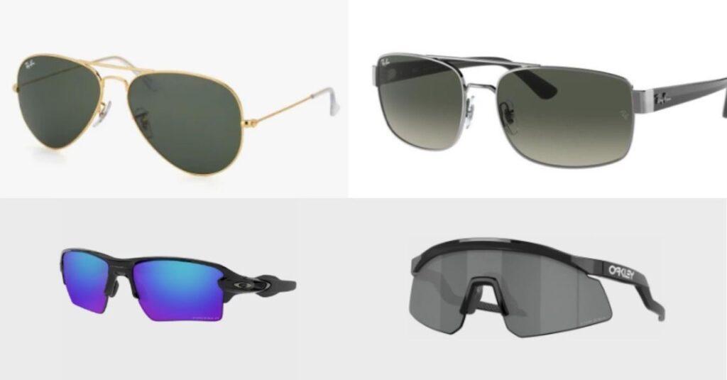 Kollasj satt sammen av fire solbriller til herre. Pilotbrille fra Ray-Ban, sportsbrille fra Oakley. Solbriller med polariserte glass og solbriller med styrke. Dette er årets trender.