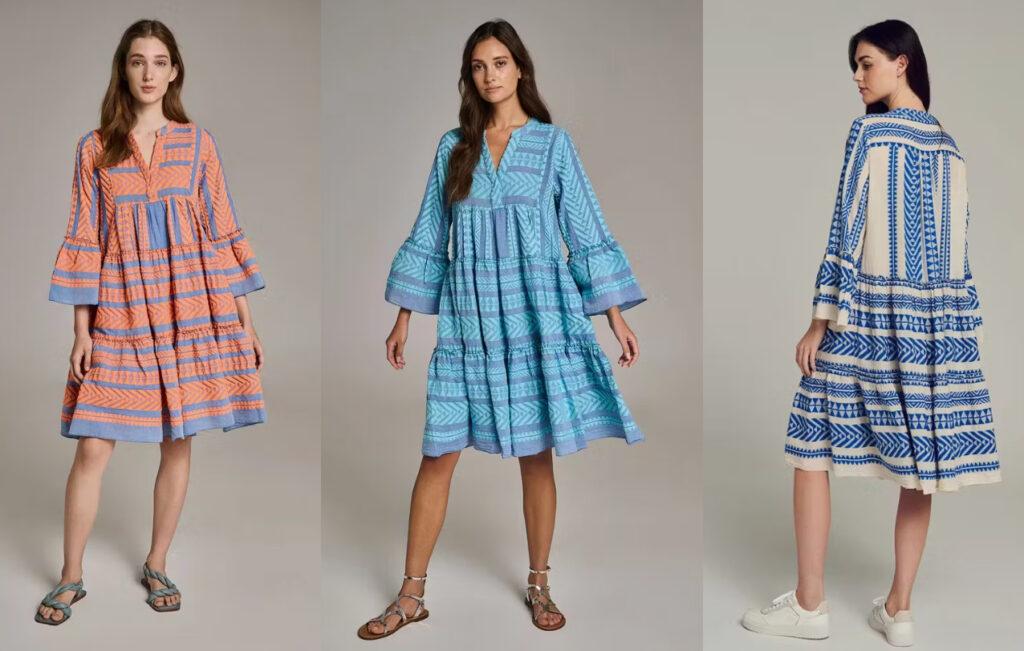 3 bilder av «Floyd-kjolen» Ella-dress fra Devotion Twins. Fra venstre: Kvinne i flerfarget kjole i oransje og blå. Midten: Kvinne i blå og turkis floyd-kjole. Høyre: Kvinne i blå og off-white Floyd-kjole.