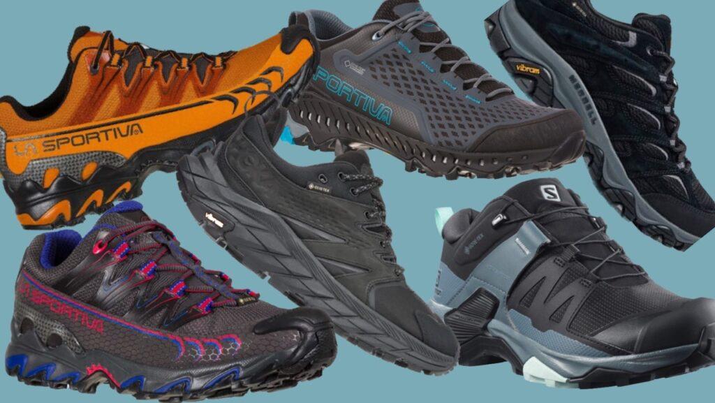 collage av tursko som er best i test. Her ser du sko fra merker som Hoka, Salomon og mange flere.