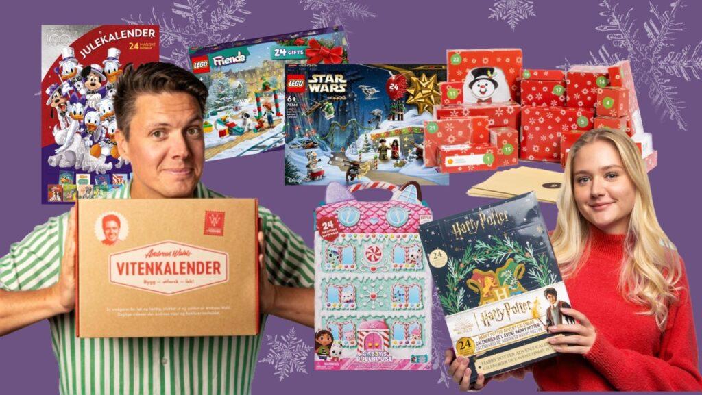 Collage av populære julekalendere til barn i 2023. Her har vi samlet populære kalendere som, Harry Potter, Vitenkalenderen av Andreas Wahl, Julekalender fra Forskerfabrikken, Minecraft, Pokemon, Lego, Gabby's Doll house og mange flere.