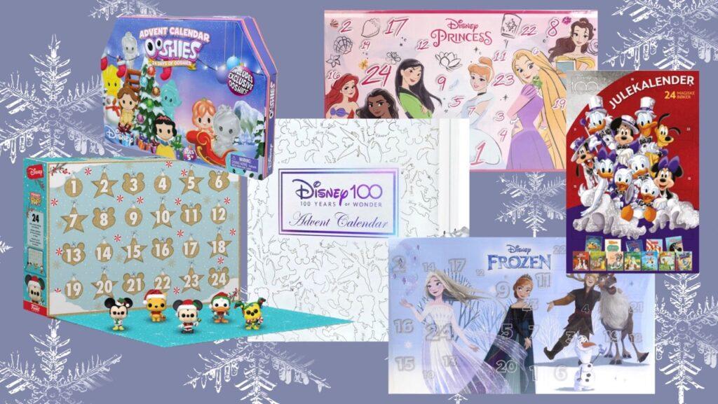 Collage med en samling Disney-julekalender som Frost, prinsesse, funko pop, bøker, ooshies!