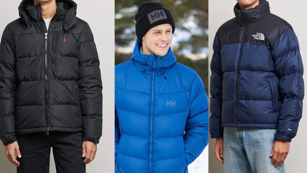 Vinterjakke: Dunjakke til herre. Collage av jakker fra Polo, Helly Hansen og North Face.