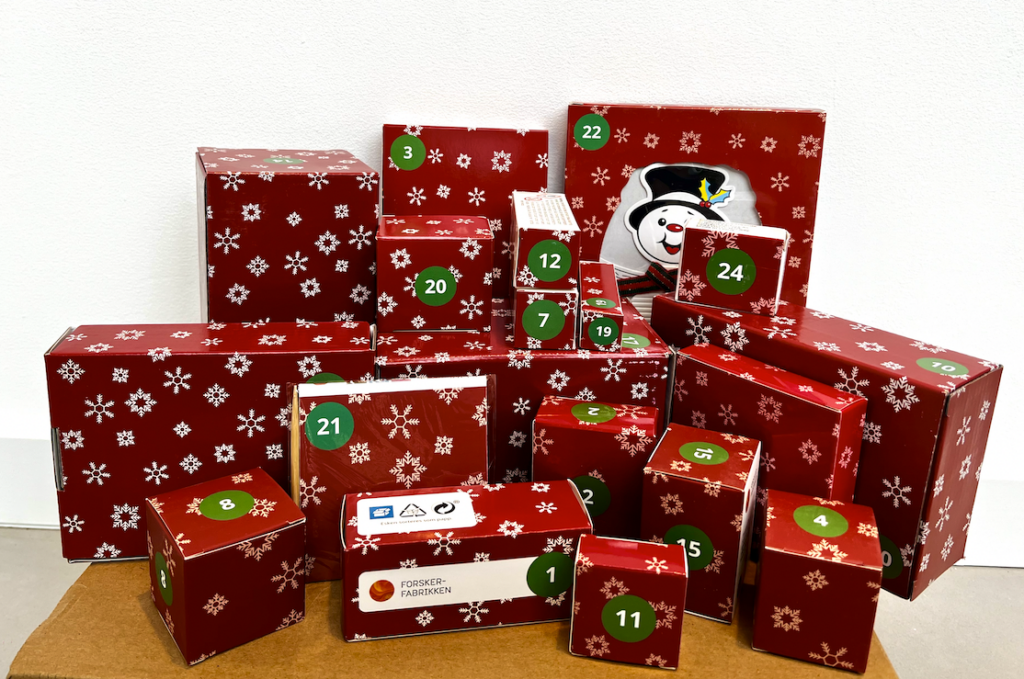 Bilde av alle 24 lukene til forskerfabrikken sin unike julekalender. på hver av pakkene ser vi et rødt julemotiv med snøkrystaller på.