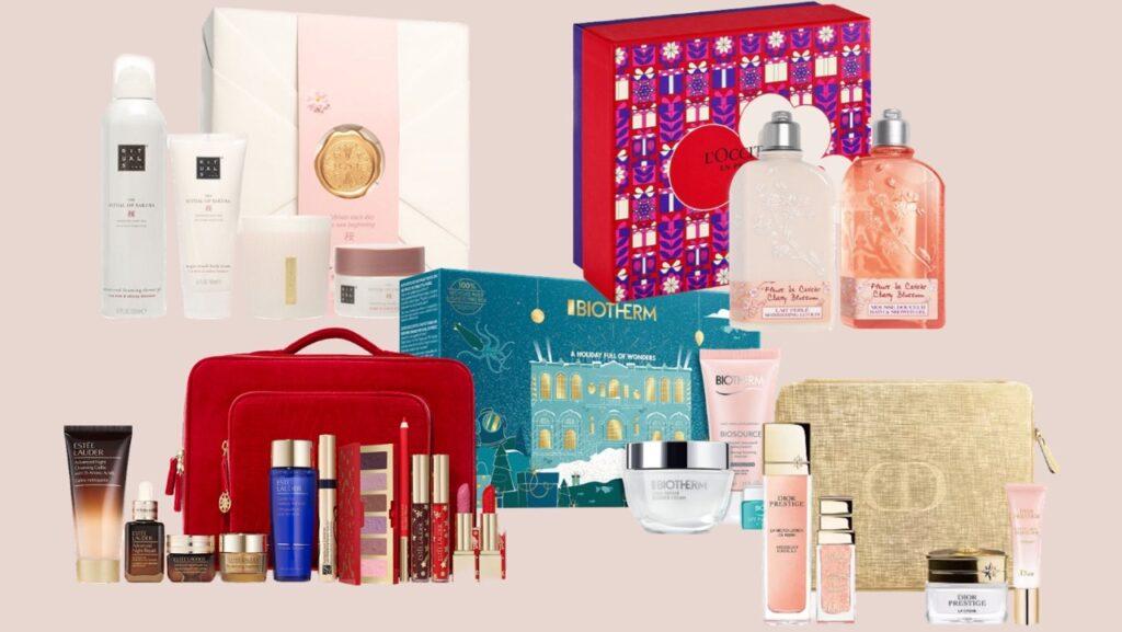 Collage av gavesett dame fra populære merker som Rituals, Biotherm, Estée Lauder, Dior og L’Occitane.