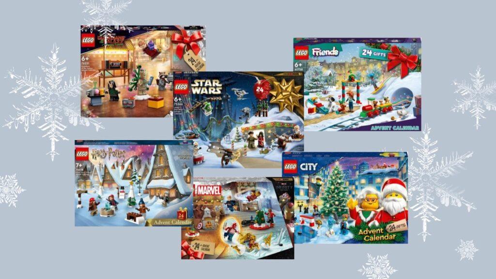 Lego-julekalender 2023: Lyseblå bakgrunn med en collage av Lego Friends julekalender, Lego Star Wars julekalender, Lego City julekalender, Lego Harry Potter julekalender, Lego Superheroes julekalender.