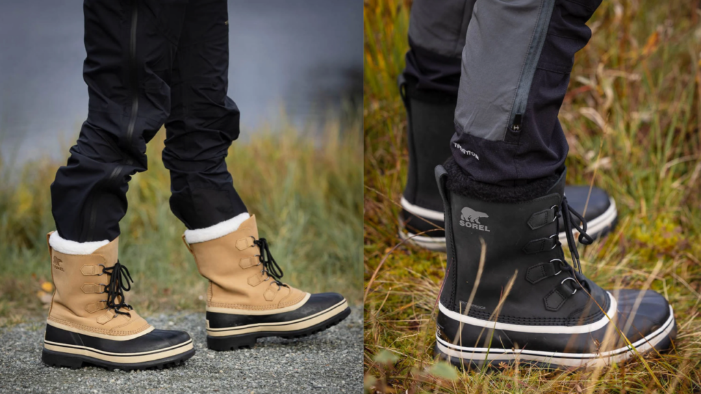 Bilde av Sorel vintersko til herre ute i naturen. på bildet ser vi to par med Sorel sko. er par med Sorel i beige og et par med Sorel i sort.