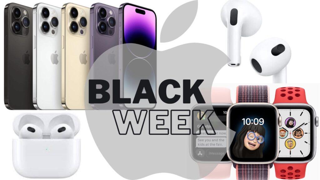 Collage med Apple-produkter som iPhone, Apple Watch og Apple Airpods. Vi har funnet stedene hvor du finner produktene til lavest. pris under Black Week.