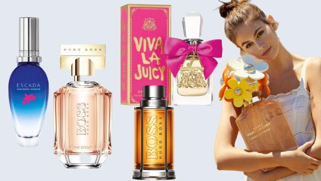 collage med populære parfymer som Hugo Boss, Escada, Marc Jacobs og Juicy Couture. Her finner du populære parfymer til Black Week-priser.
