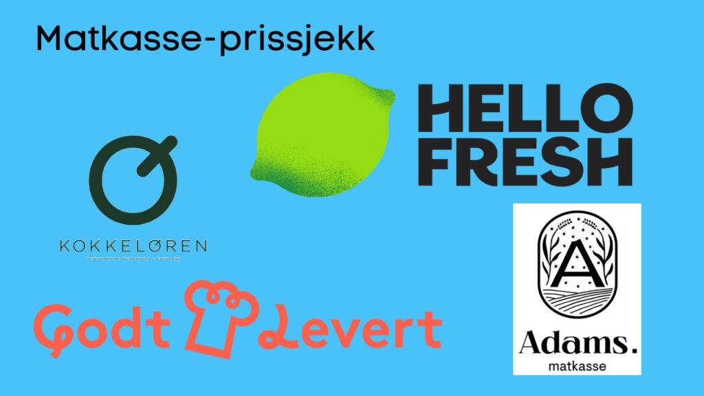 Collage av logo til Hello Fresh, Godt Levert, Adams Matkasse og Kokkeløren. Vi har gjort prissjekk på hvilke matkasser som er billigst.